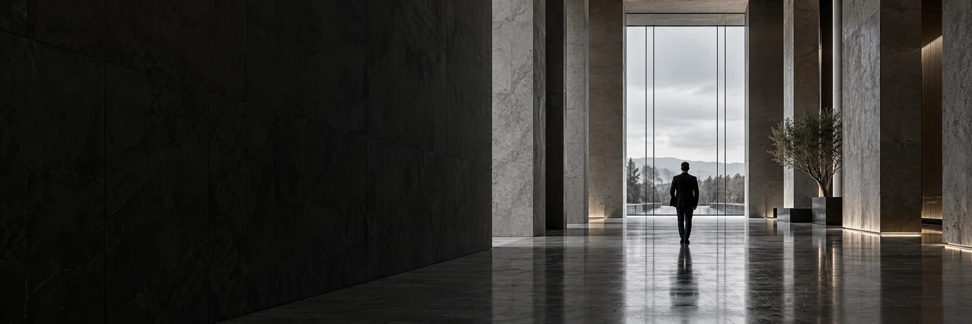 A figure walking through a tall stone hall towards a window onto the landscape.